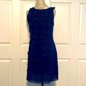 Adrianna Papell Navy Sheath Dress with Flirty Ruffles